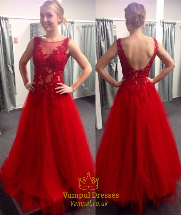 Rotes transparentes Illusions-Spitzenmieder offener Rücken Tüll-Unterteil Abschlussballkleid