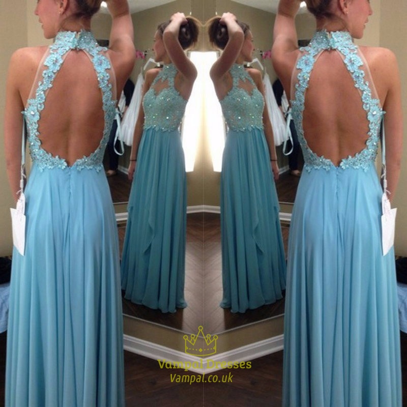 Himmelblaues A-Linien Chiffon Abendkleid mit hohem Halsausschnitt und perlenbesetztem Spitzenoberteil