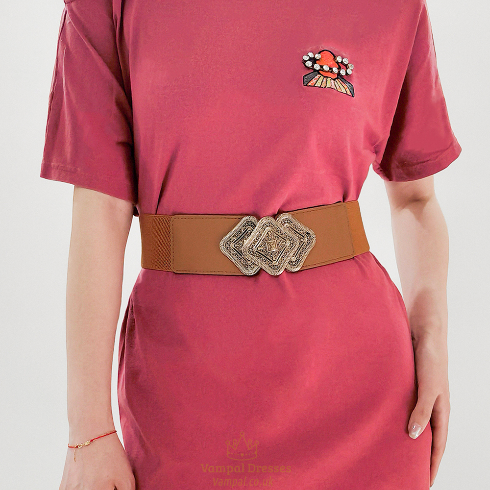 Women's Elastic Wide Belt With Golden Buckle For Dress And Overcoat