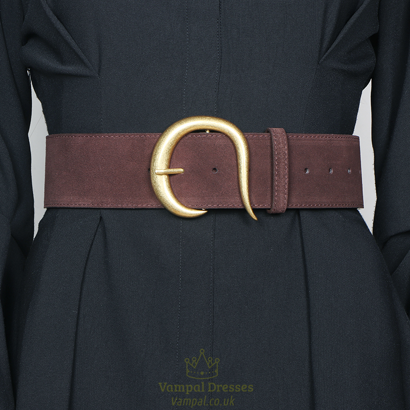 Wide Suede Leather Dress Belt With Gold Hook Buckle