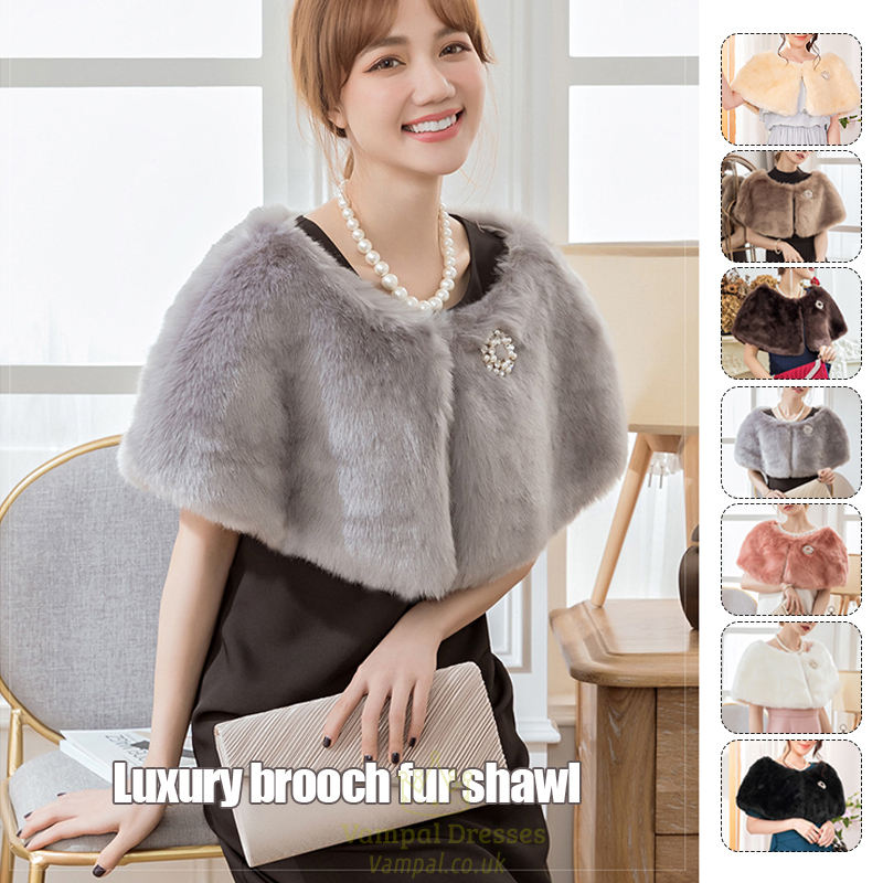 Faux Rex Rabbit Fur Bridal Cape Shawl With Brooch