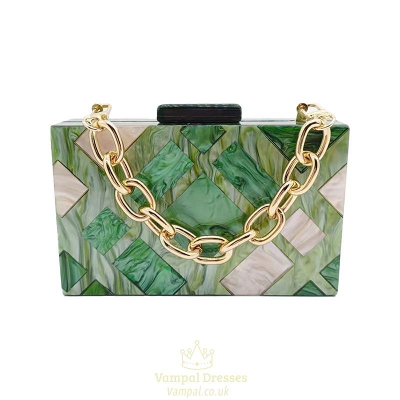 Acrylic Clutch Purse Multicolor Plaid Patchwork Evening Bag With Chain