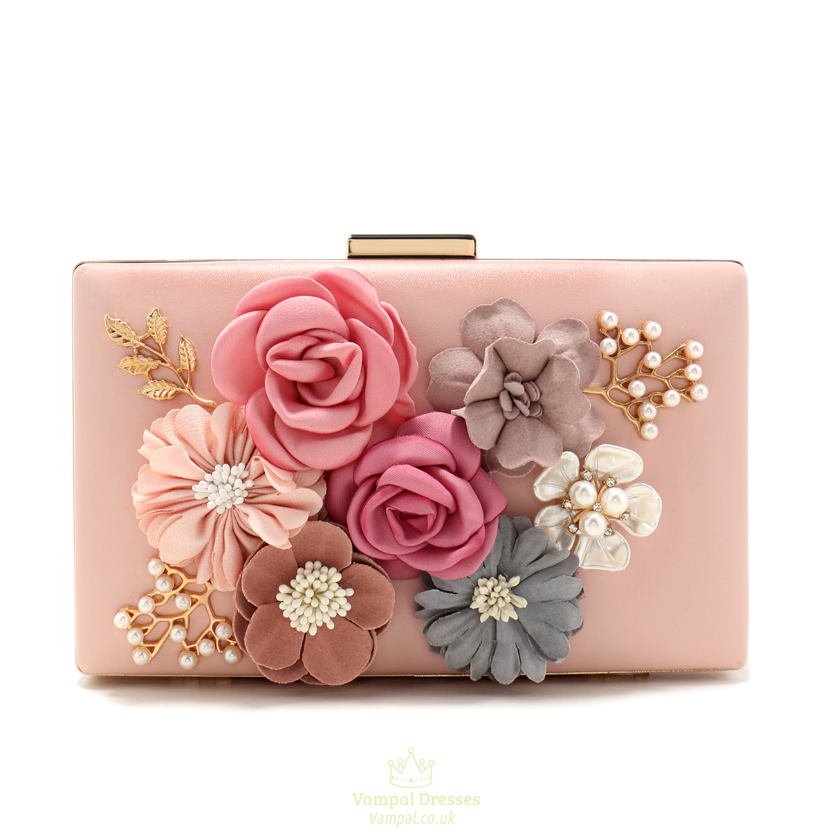 Women Evening Clutch Bag With Pearl Diamonds Glitter Pink Shoulder Handbag