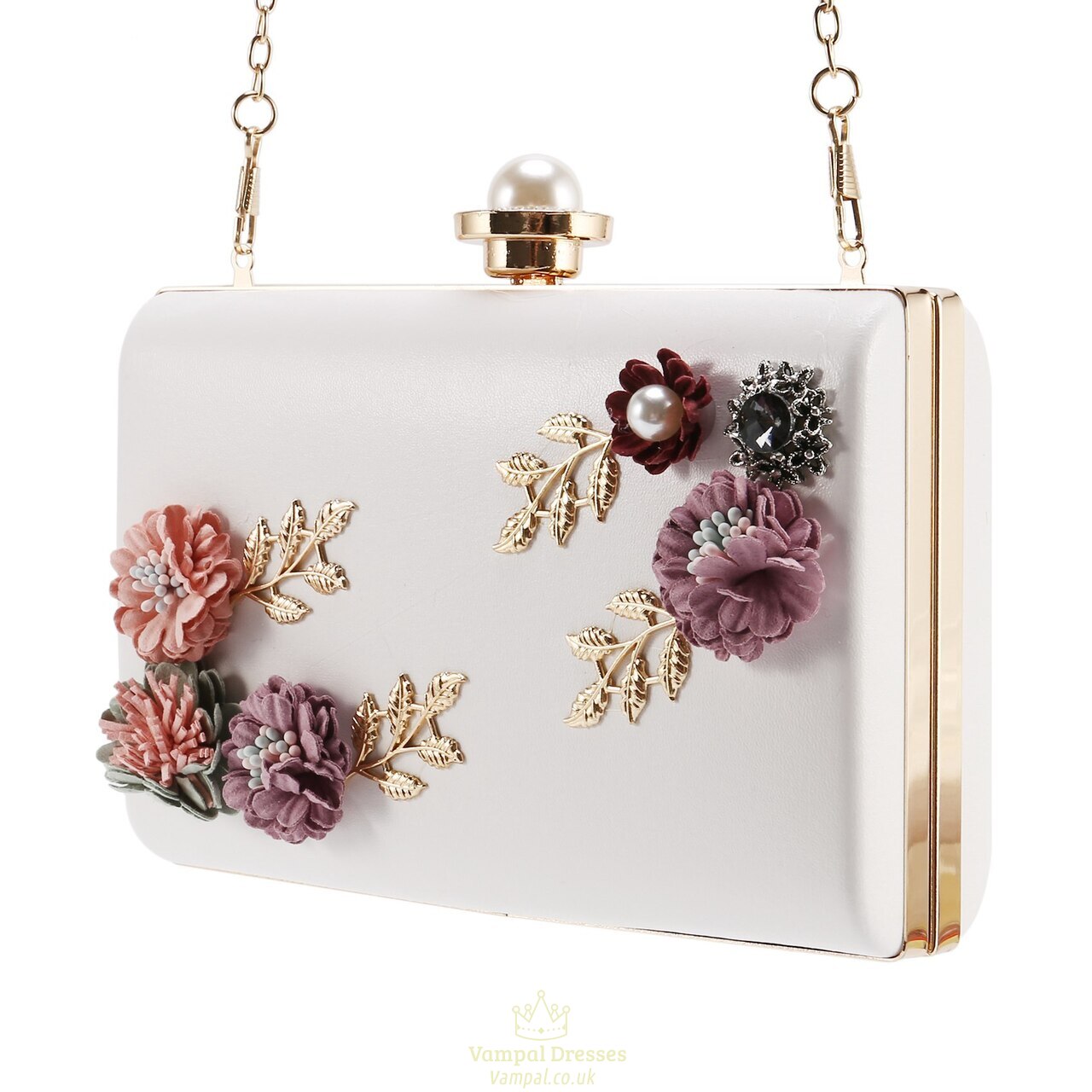 Women's Leather Evening Bag Wedding Flower Clutch Purse White
