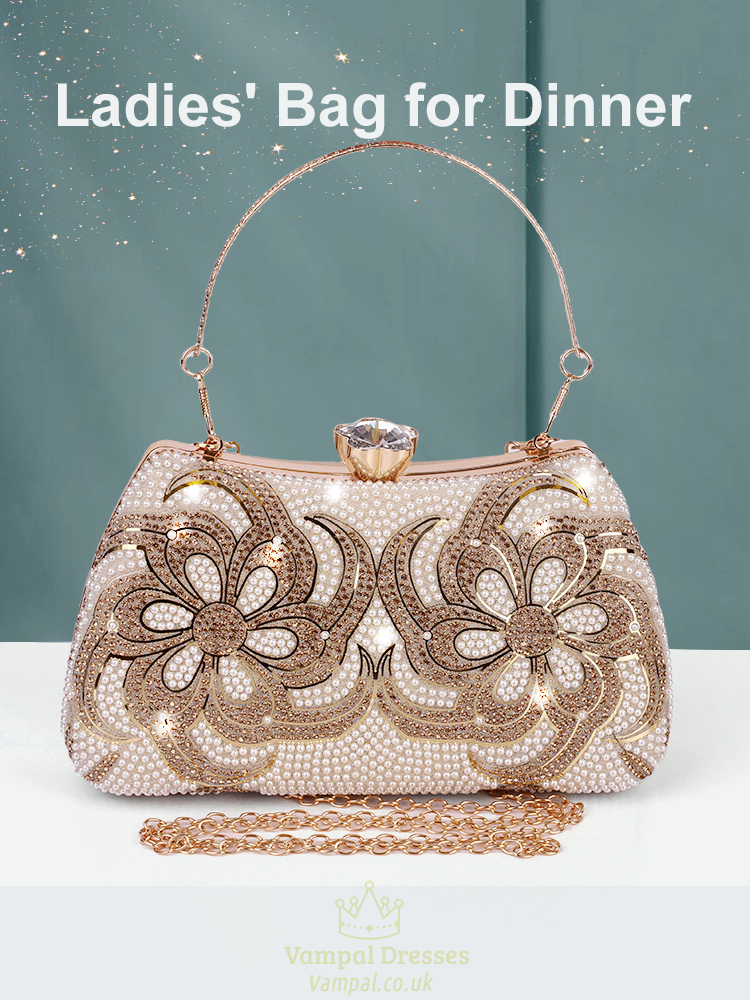 Elegant Beaded Pearl Evening Clutch Bag With Rhinestones