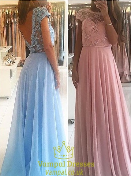 Spitze Perlenbesetztes Oberteil Cap-Ärmel Offener Rücken Chiffon-Langes Abendkleid