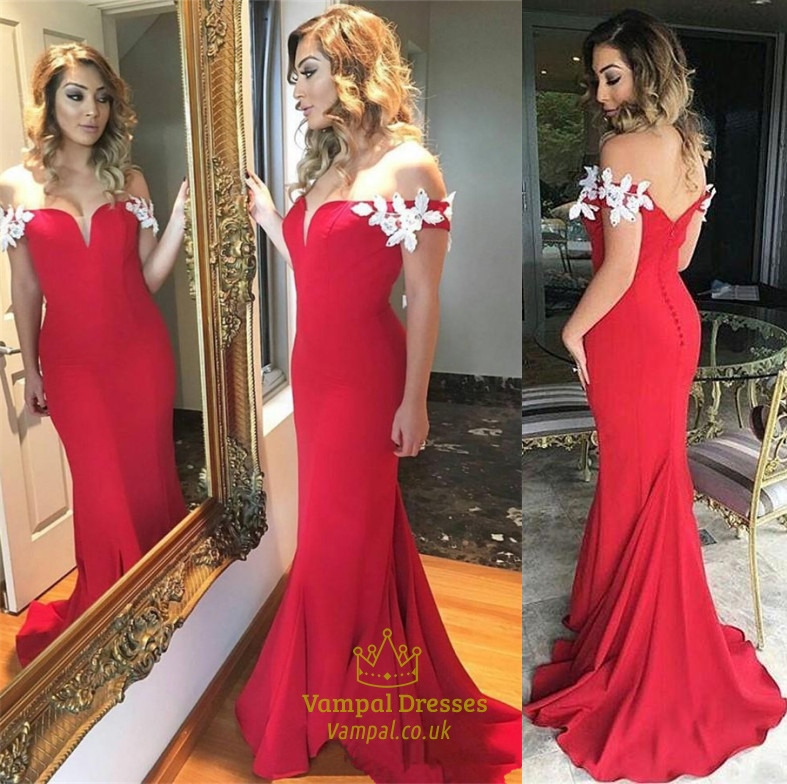 Rotes langes Brautjungferkleid in Mermaid-Form mit Spitzenapplikation und schulterspielendem Ausschnitt