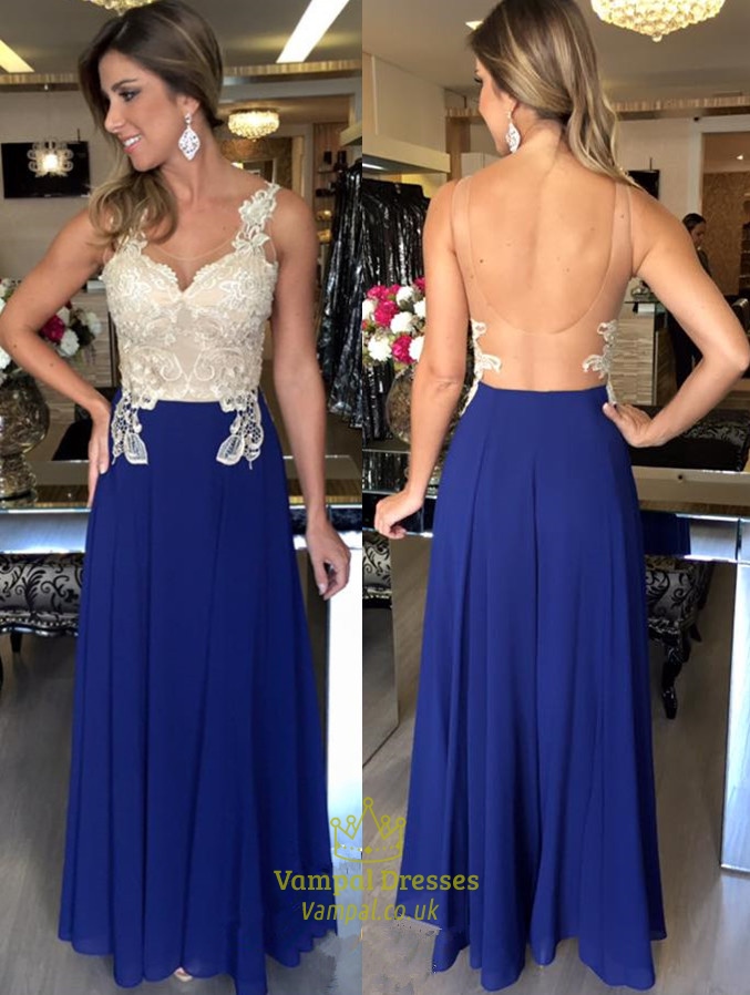 Illusion Spitzenoberteil rückenfreies verziertes A-Linien Chiffon Abschlussballkleid