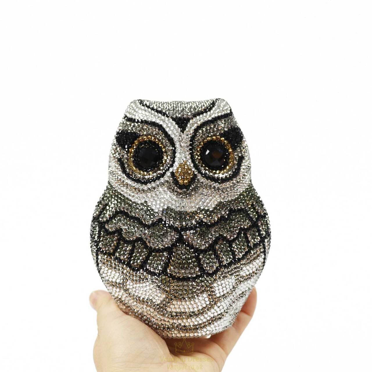 Grey Silver Owl Eye Evening Bag With Crystal Diamante