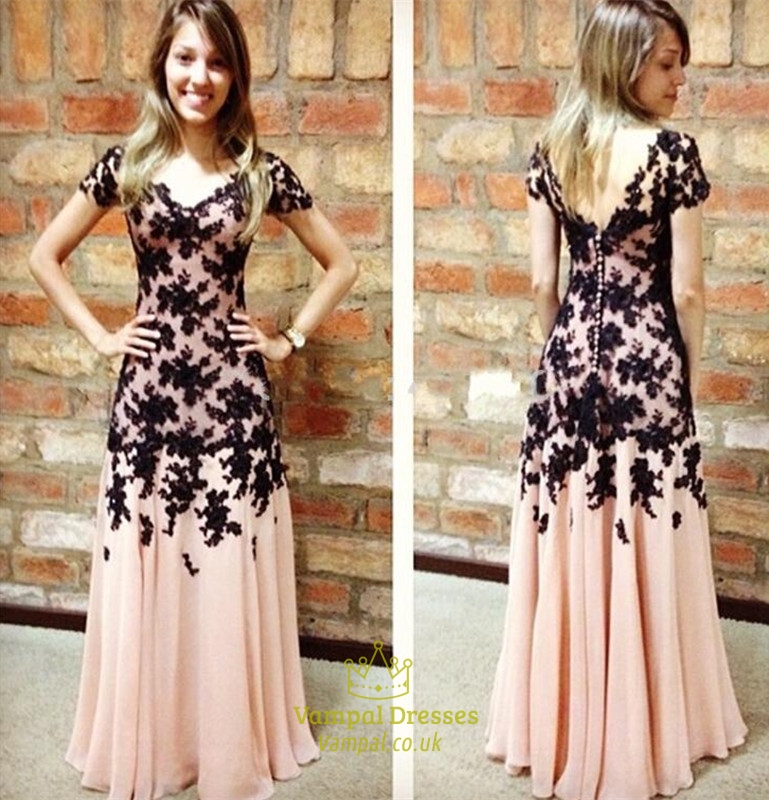 Rosa V-Ausschnitt Lace-verziertes kurzärmeliges Chiffon-Prom-Kleid