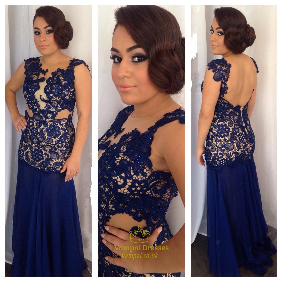 Marineblaues transparentes Lace-Applikations-Offener-Rücken-langes Sheath-Prom-Kleid