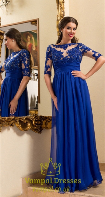 Halbärmeliges Perlen-Lace-Oberteil-Chiffon-langes Prom-Kleid