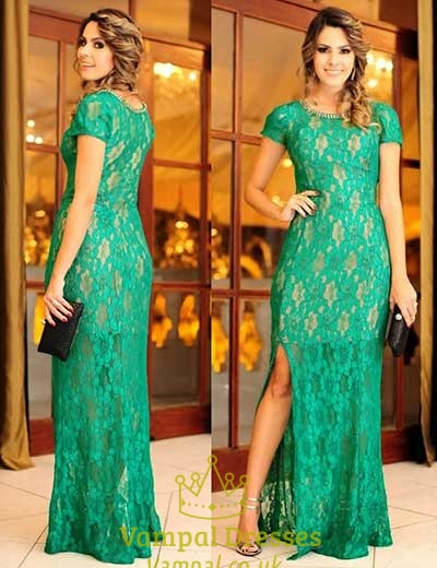 Kurzärmeliges Lace-verziertes Sheath-langes Formkleid mit Schlitz