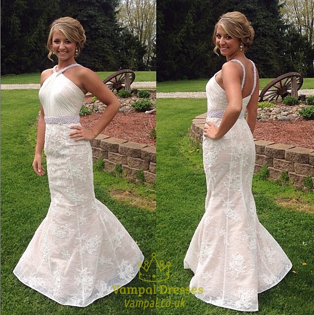 Elfenbeinfarbenes Halter-Perlen-Lace-Applikations-Offener-Rücken-Mermaid-langes Formkleid