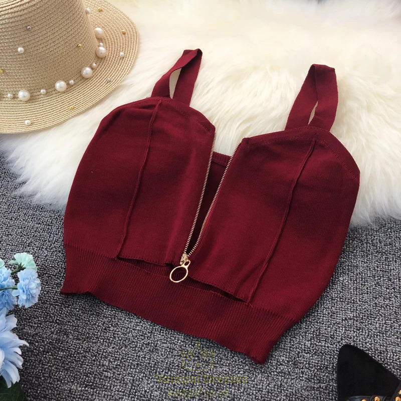 solid slim crop top women summer t-shirt elastic camis women zipper fly camisoles knit backless off shoulder tops