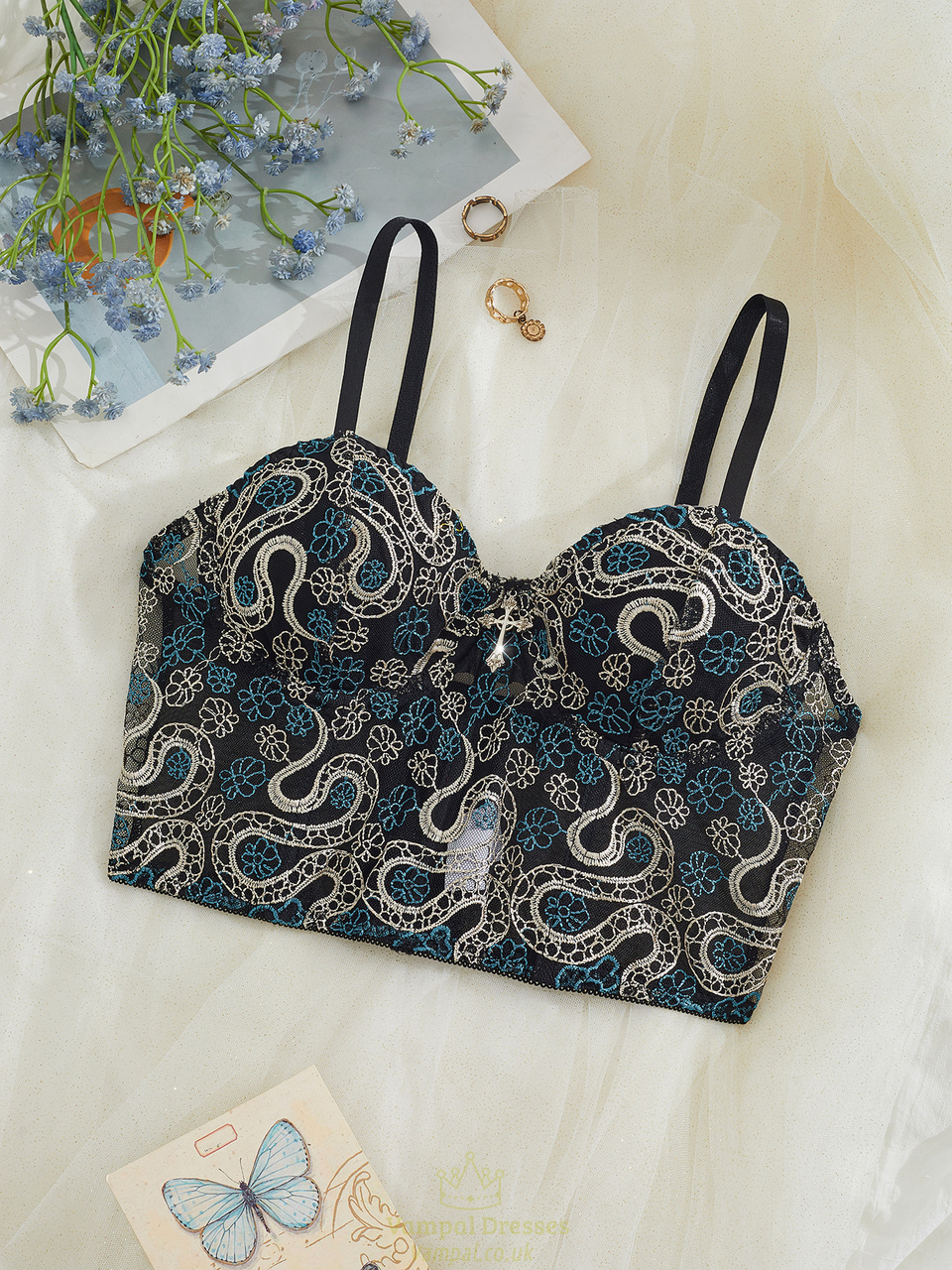 Women Corset Crop Top Snake Embroidery Mesh Tank Push Up Bustier
