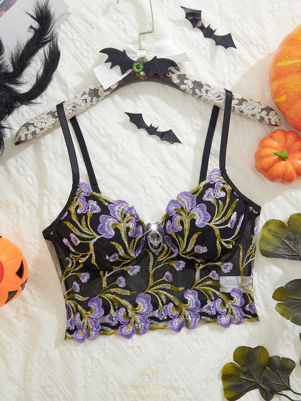 Purple Mesh Flower Embroidery Bra With Steel Ring Underwear