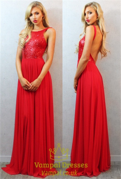 Rotes bodenlanges Prom-Kleid mit Perlen-Bodice, offenem Rücken und Chiffon