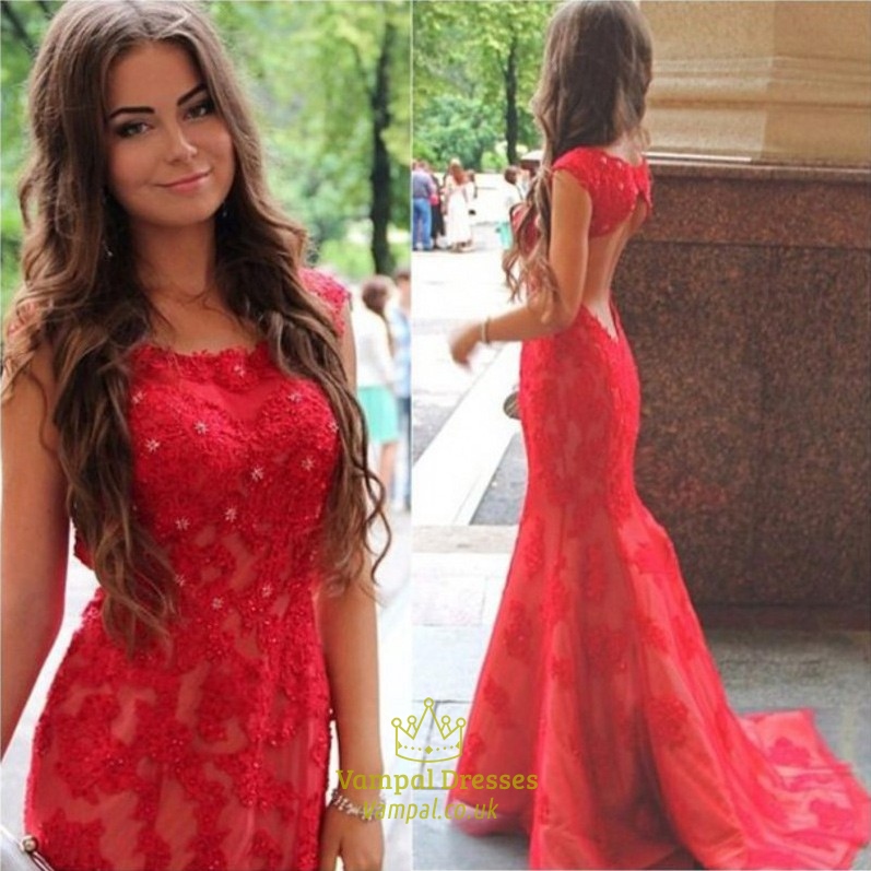 Rotes ärmelloses Kleid mit offenem Rücken, Perlen und Spitze, bodenlang, Meerjungfrau