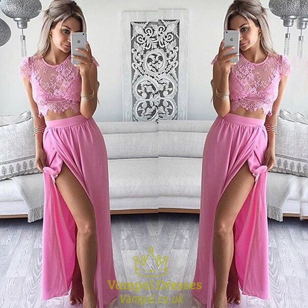 Rosa Zweiteiliges Spitzenoberteil, ärmelloses Kleid mit Seitenschlitz, Chiffon-Abiballkleid