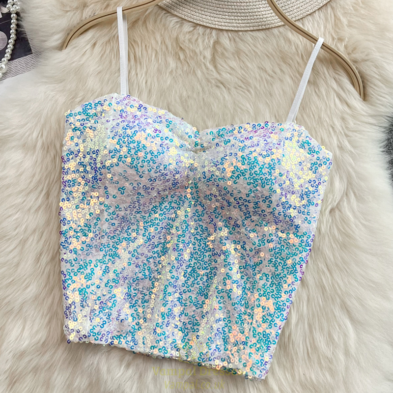 Off Shoulder Sequin Crop Top With Bra Pad And Pleated Patchwork