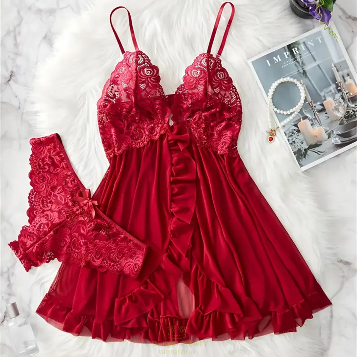Red Lace Transparent Bra And Panty Set Babydoll Dress