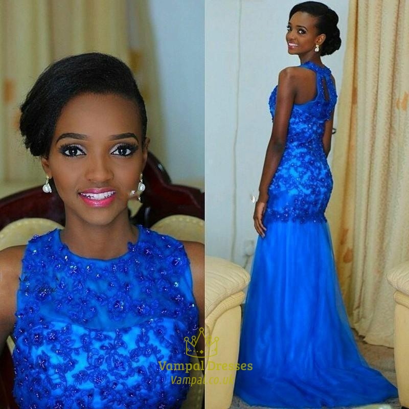 Langes Prom-Kleid aus Tüll mit Spitze und Perlenverzierung in Königsblau