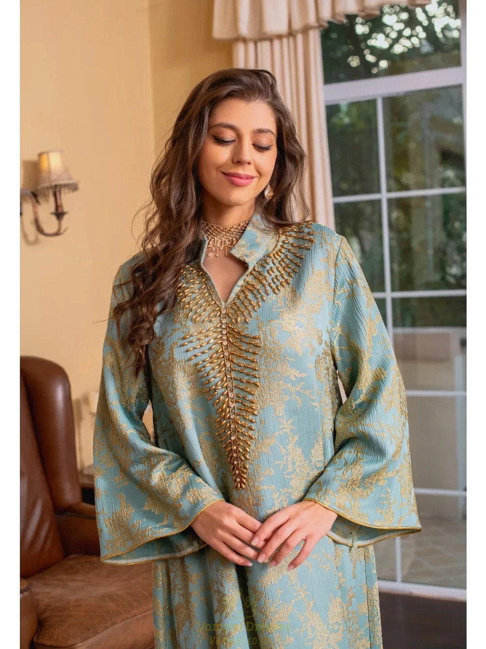 Black Eid Muslim Dress For Women Abaya Beading Stand Collar Jalabiya ...