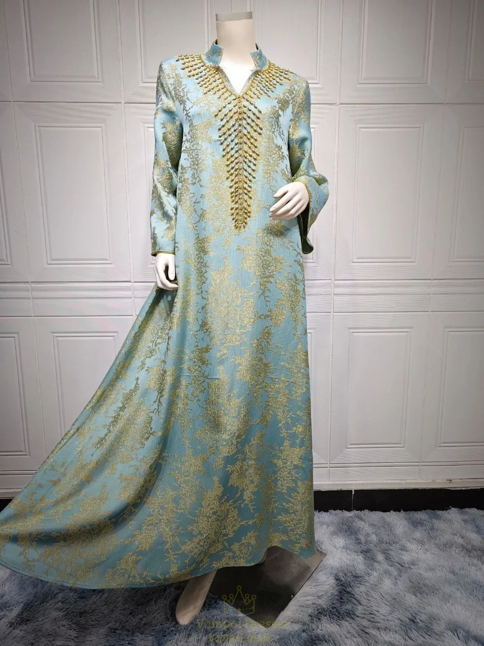 Black Eid Muslim Dress For Women Abaya Beading Stand Collar Jalabiya ...