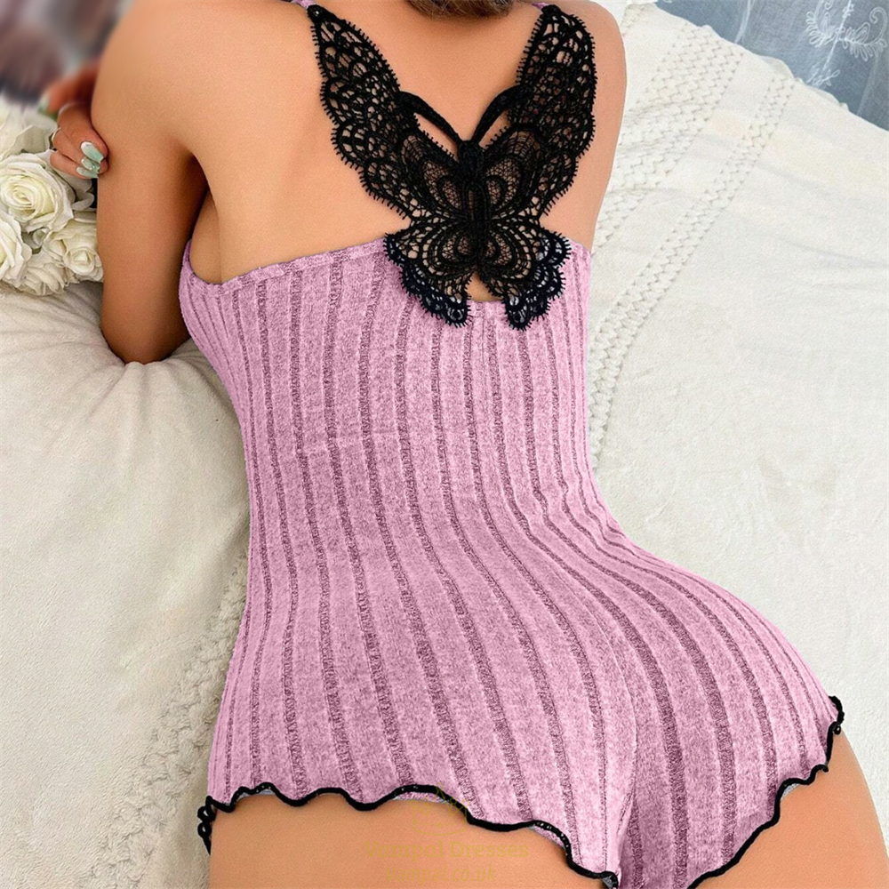 Black Butterfly Lace Stitching Sling Onesie Pajama