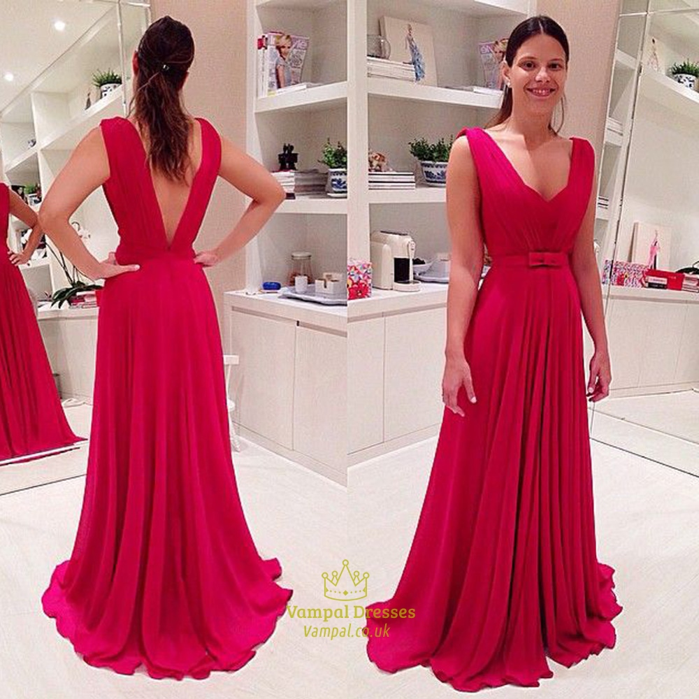Rotes bodenlanges Chiffon Abendkleid mit V-Ausschnitt, ärmellos und offenem Rücken