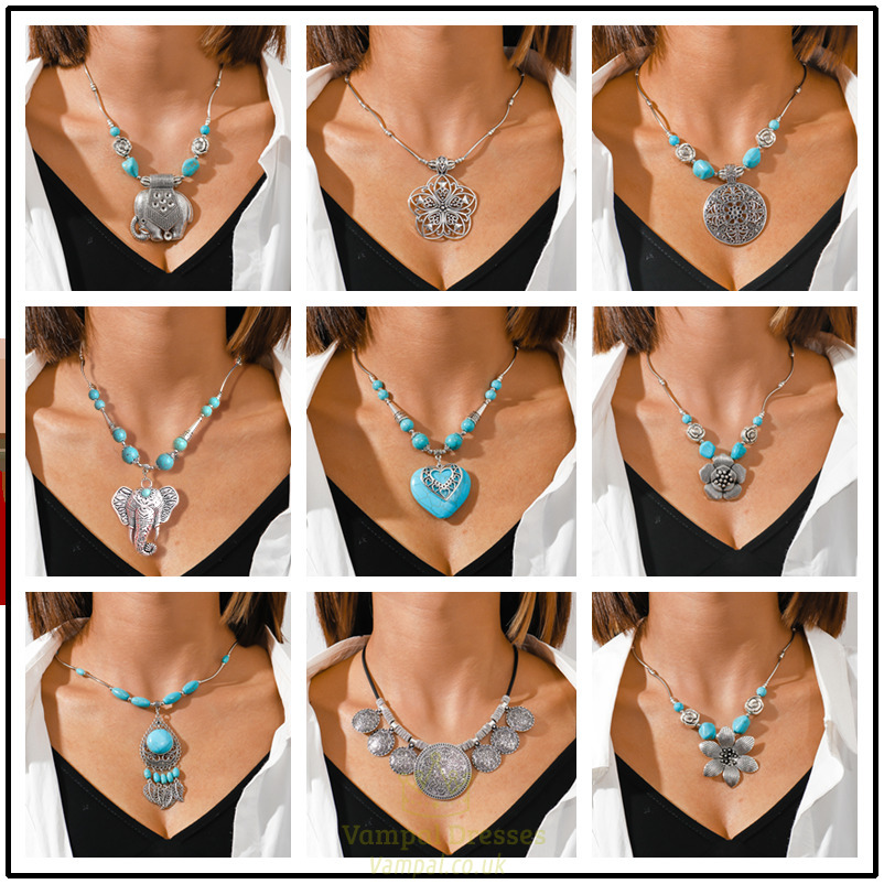aihua bohemia turquoise stone necklace for women chokers collier femme handmade ethnic pendants necklaces statement jewelry