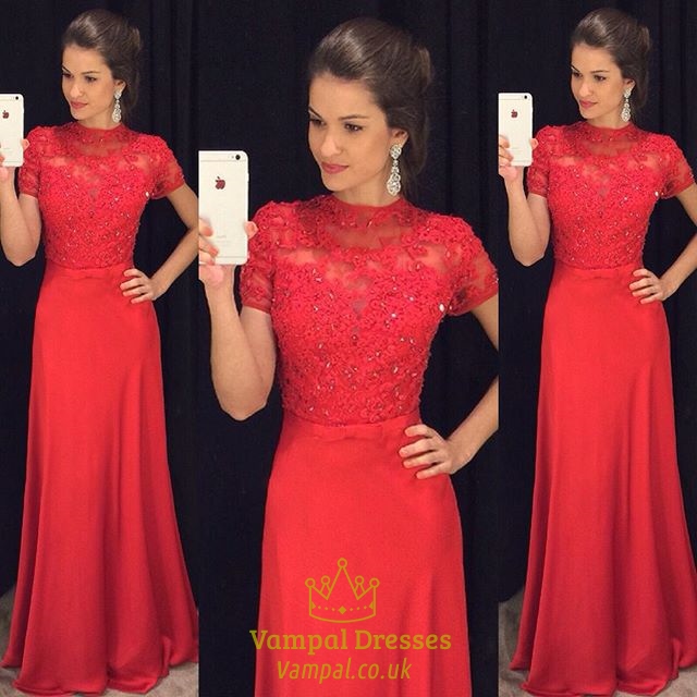 Rotes langes formelles A-Linien-Kleid mit kurzen Ärmeln und Spitzenbesatz am Oberteil