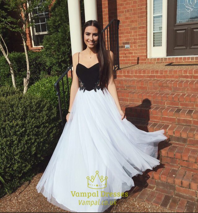 Zweifarbiges langes formelles A-Linien-Kleid aus Chiffon mit Spaghettiträgern und Verzierungen