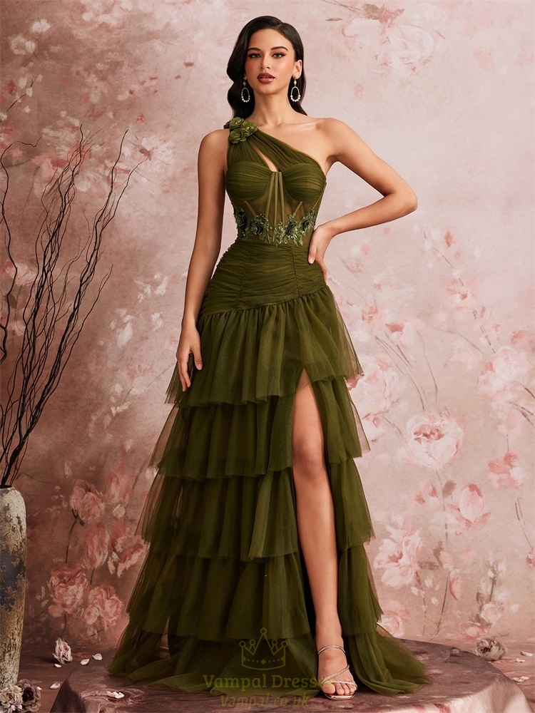 Skew-Shoulder Cake Dress With Tulle Slit Formal Evening Gown