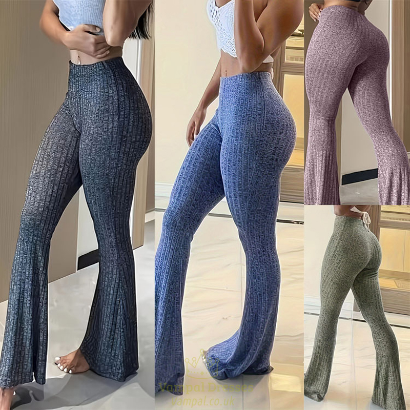 slim High Waist Bell Bottom Flare Tights Solid Color