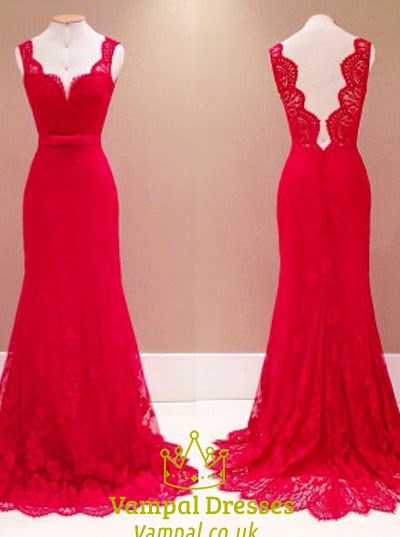Rotes langes Etui-Abendkleid mit V-Ausschnitt, offenem Rücken und Spitze