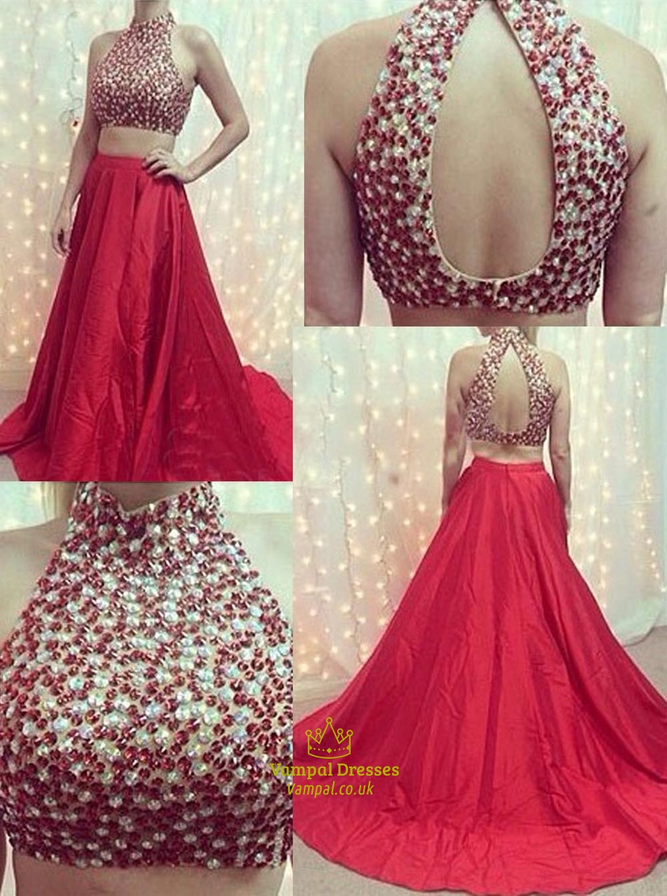 Zweiteiliges rotes Prom-Kleid mit hohem Halsausschnitt, Perlenoberteil und offenem Rücken