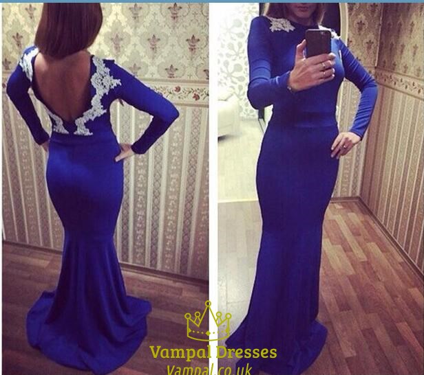 Royalblaues langes Prom-Kleid mit Spitzenapplikation, offenem Rücken und langen Ärmeln