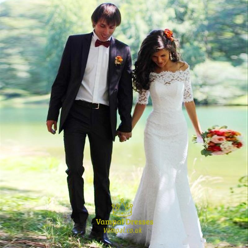 Meerjungfrau-Hochzeitskleid mit Off-Shoulder-Ausschnitt, Spitze und halben Ärmeln