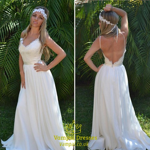 Langes Chiffon-Brautkleid mit Spaghettiträgern, V-Ausschnitt und offenem Rücken