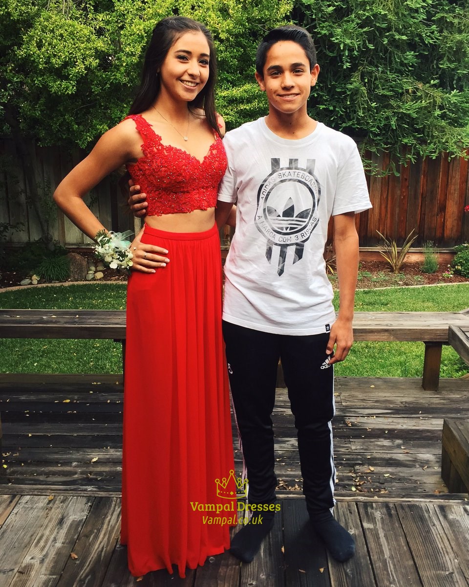 Rotes zweiteiliges langes Prom-Kleid mit Sweetheart-Ausschnitt, Spitzenoberteil und Chiffon-Unterteil