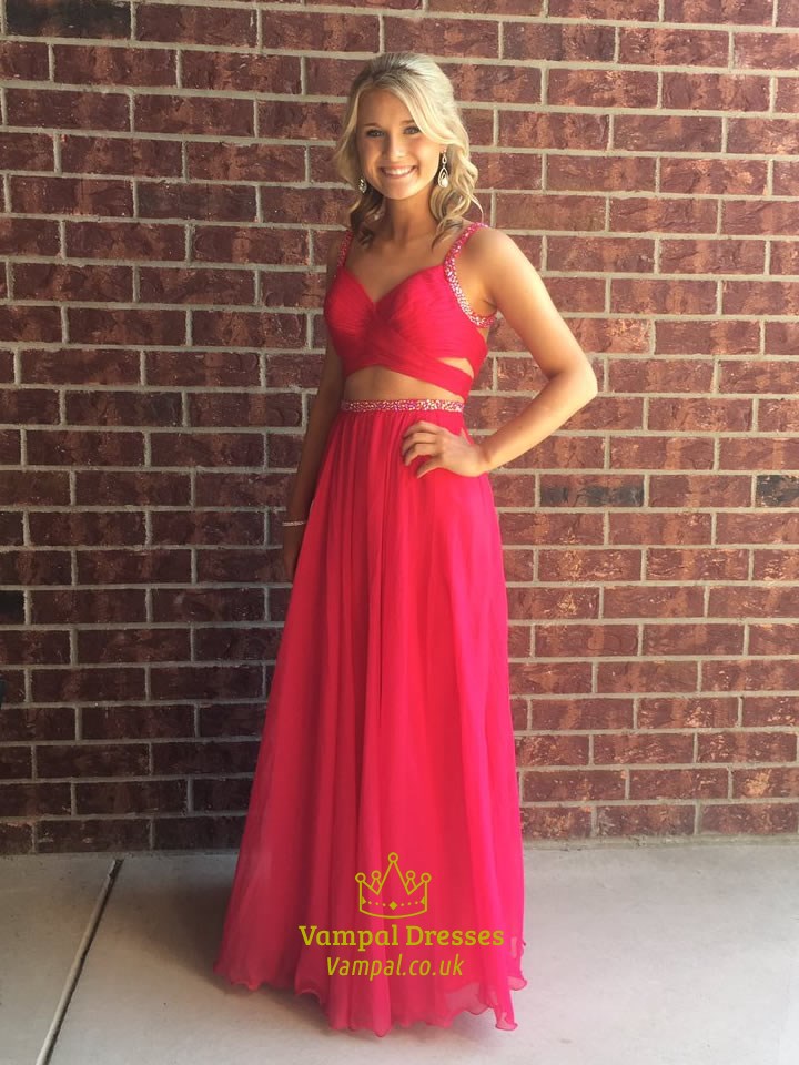Rotes zweiteiliges trägerloses A-Linien langes Chiffon-Abschlussballkleid mit Perlenbesatz