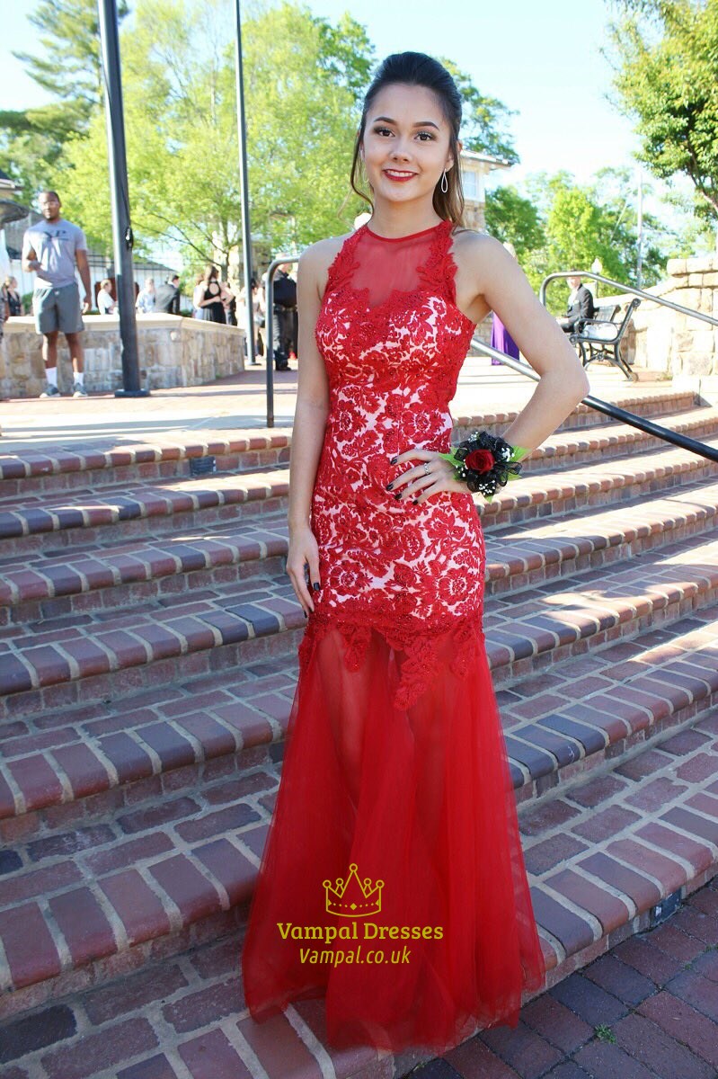 Rotes formelles Meerjungfrau-Kleid in Bodenlänge mit spitzenverziertem Oberteil