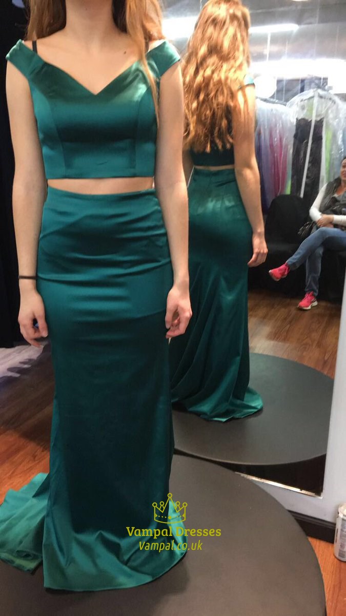 Petrolfarbenes schulterfreies zweiteiliges bodenlanges Etui-Abendkleid