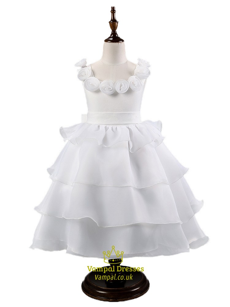 Weißes Knielanges Ballkleid Blumenmädchenkleid Mit Gerüschtem Rock