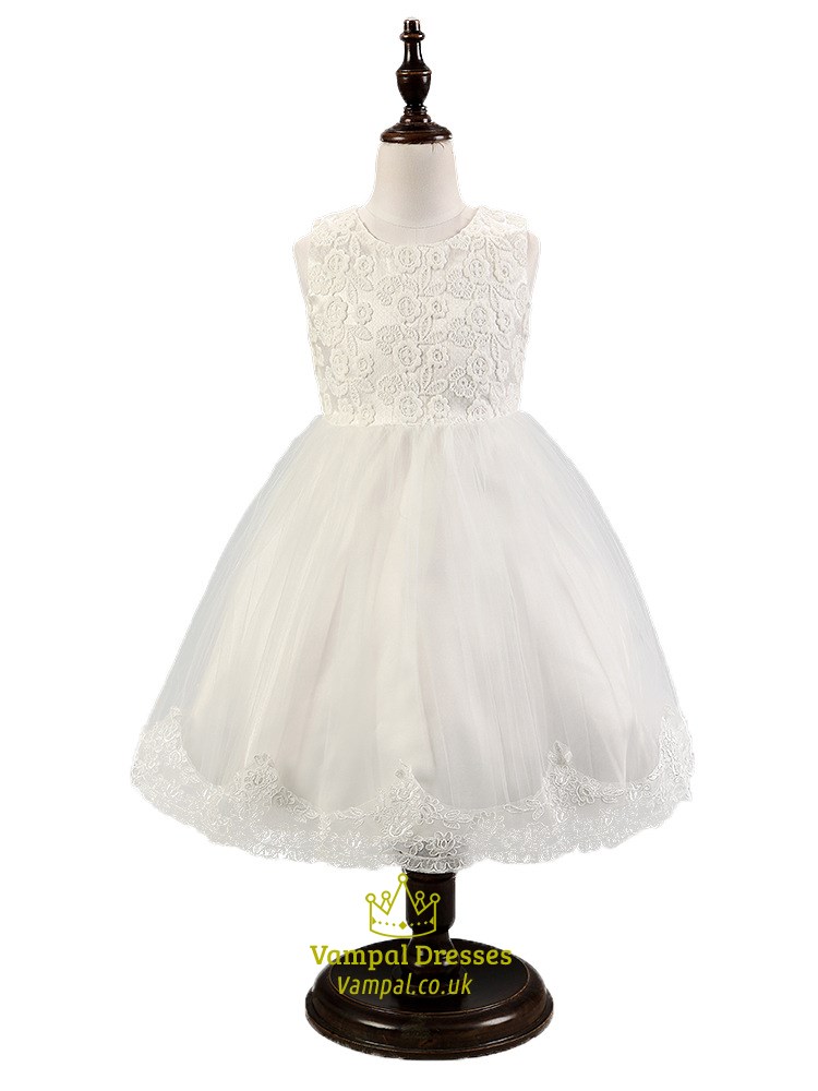 A-Linien Spitze Knielanges Blumenmädchenkleid Mit Schleife Hinten