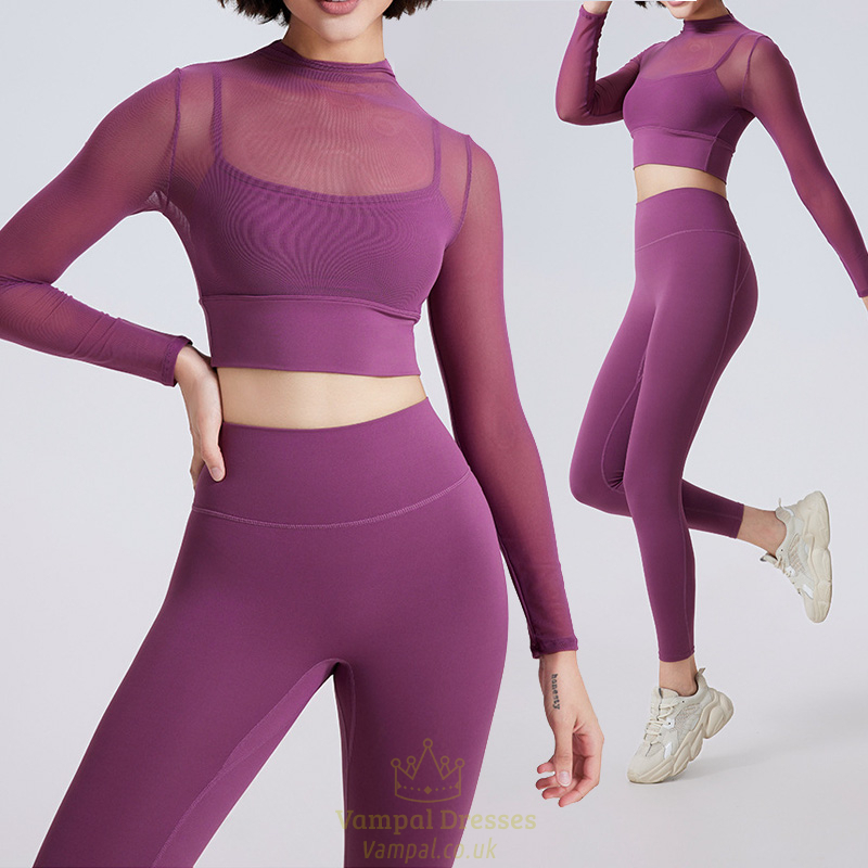 women's 2-Piece Yoga Set Long Sleeve Mesh Gym Dress With Chest Pad