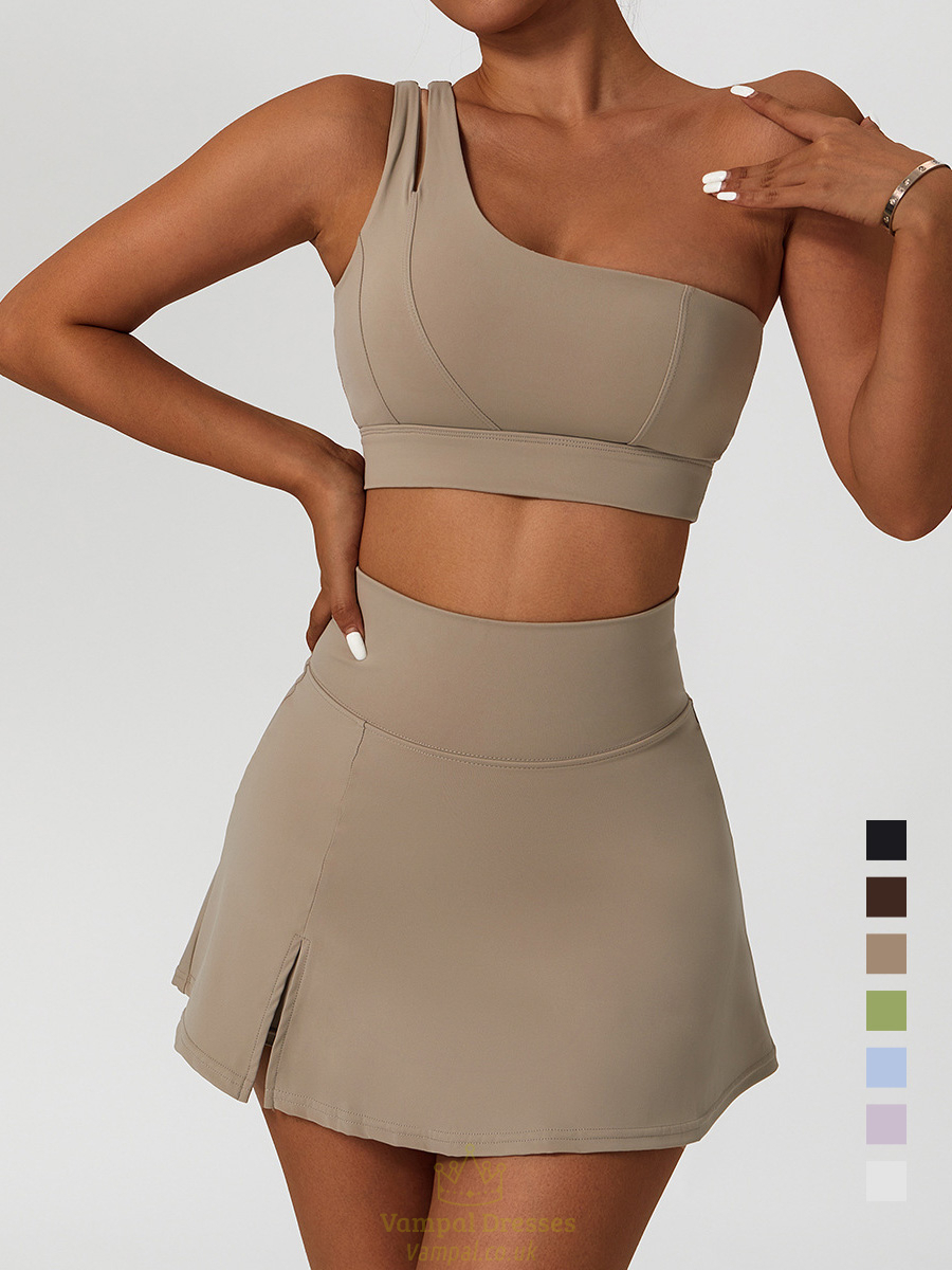 one Shoulder Yoga Skirt Set With High Waist Crop Top