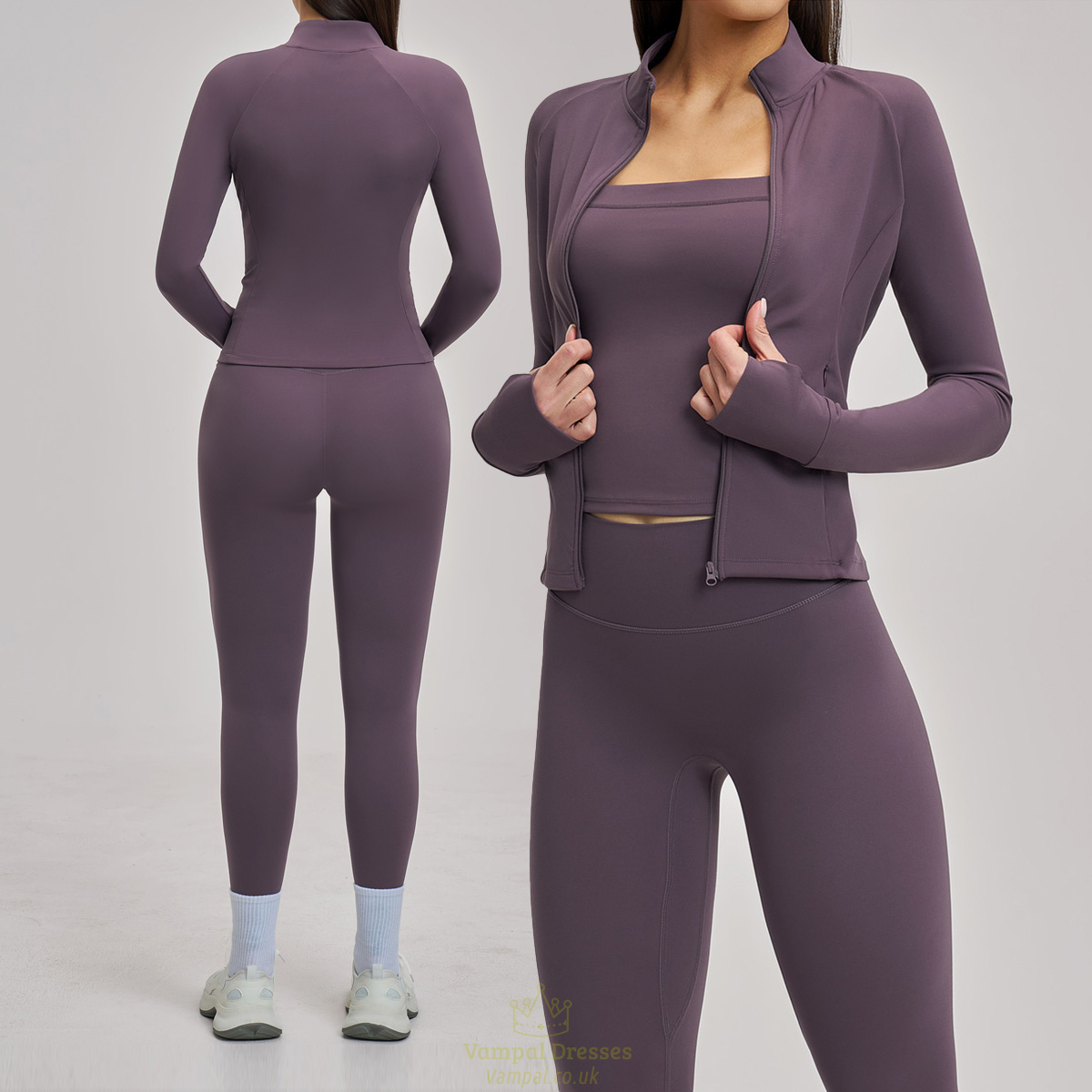 yoga Set 3-Piece Women Long Sleeve Crop Top Fitness Tracksuit With Leggings